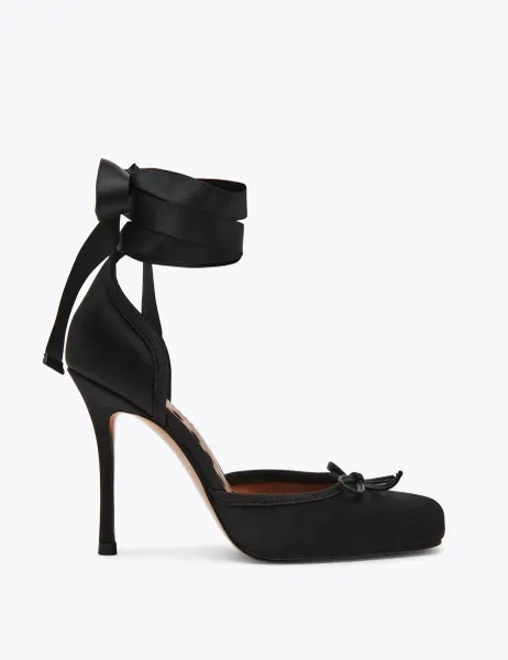 Larina Satin Bow Ankle Strap Stiletto Heels Black
