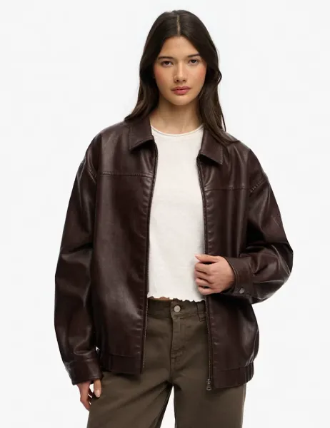 Superdry & Co Faux Leather Collared Bomber Jacket Brown
