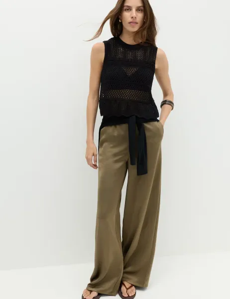 Marks & Spencer Satin Drawstring Wide Leg Trousers Moss