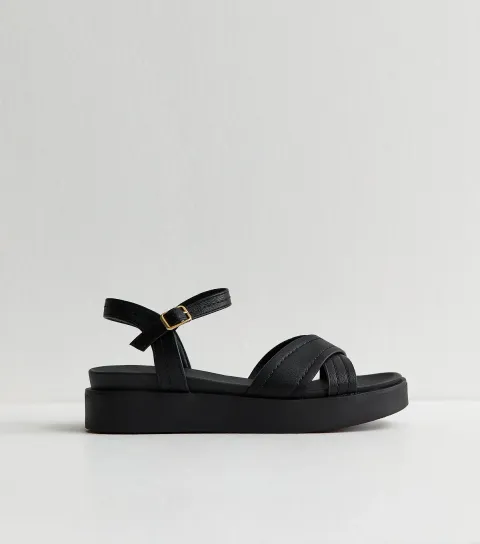 Women's Black Faux Leather Cross Over Flatform Sandals Vegan