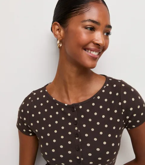 Women's Brown Cotton Rich Spot Print Button Front Baby Tee Top