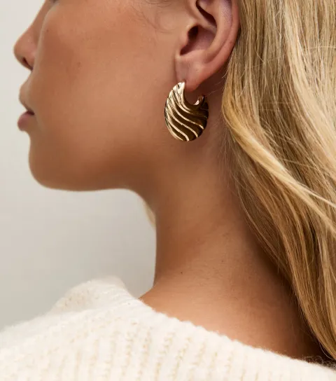 New Look Gold Tone Ridged Flat Hoop Earrings