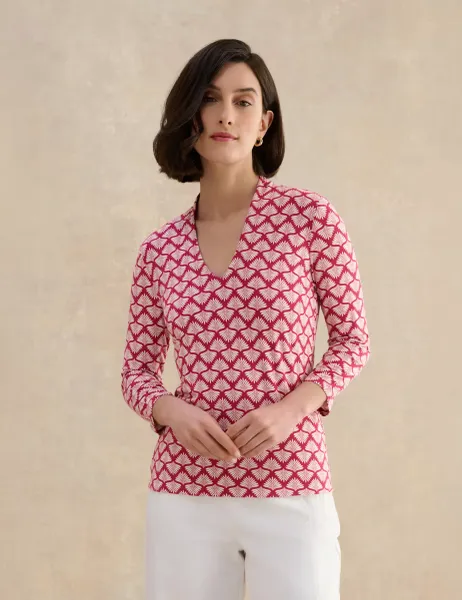 Hobbs Jersey Printed V-Neck Top Pink Mix