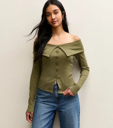 Women's Dark Khaki Folded Bardot Neck Button Up Top