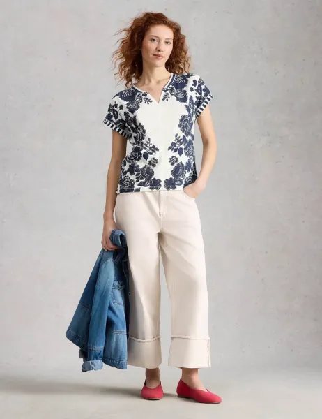 White Stuff Pure Cotton Floral Striped T-Shirt Navy Mix