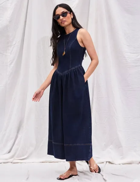 RO&ZO Cotton Rich Midi Waisted Dress Blue Denim