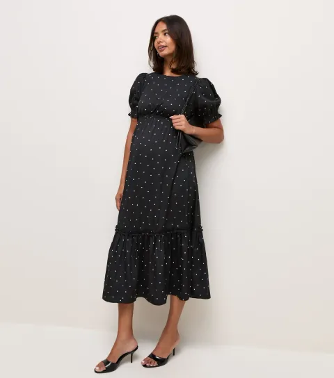 Women's Maternity Black and White Polka Dot Puff Sleeve Midi Dress
