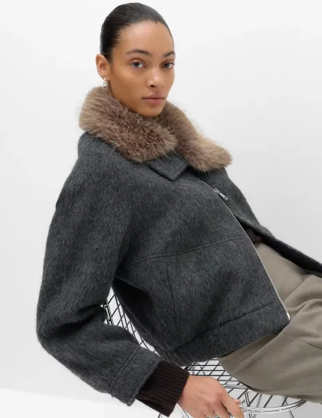 Marks & Spencer Wool Blend Faux Fur Trim Bomber Jacket