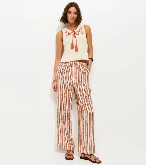 Women's Red Floral Striped Wide Leg Trousers