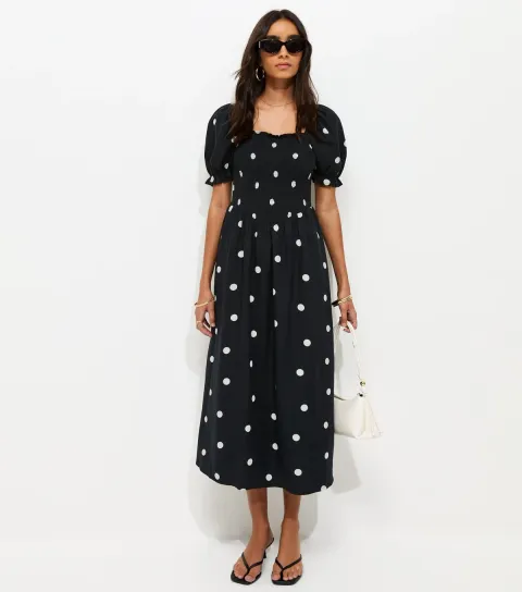 Women's Black Polka Dot Shirred Midi Dress