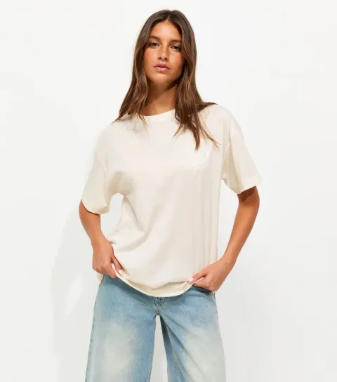 Women's Off White Cotton Shells Print Oversized T-Shirt