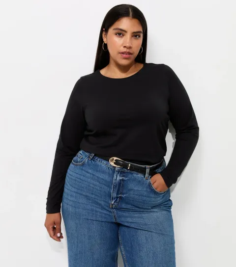 New Look Women's Plus Size Black Cotton Rich Long Sleeve Top Curves