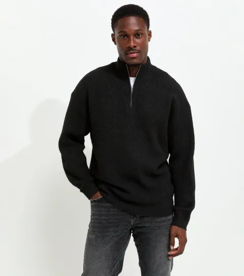 New Look Men's Black Regular Fit Ribbed Knit Quarter Zip Funnel Neck Jumper
