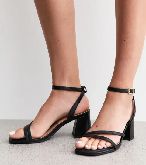 Women's Wide Fit Black Faux Leather Block Heel Sandals