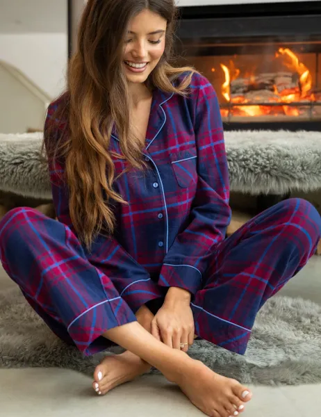 Pour Moi Pure Cotton Brushed Checked Pyjama Set Navy Mix