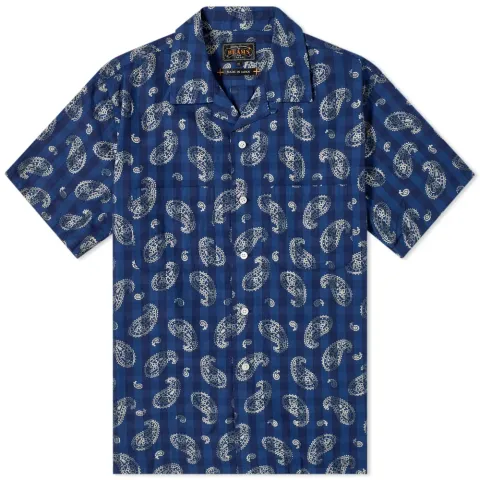 Short Sleeve Open Collar Indigo Vacation Print Sh