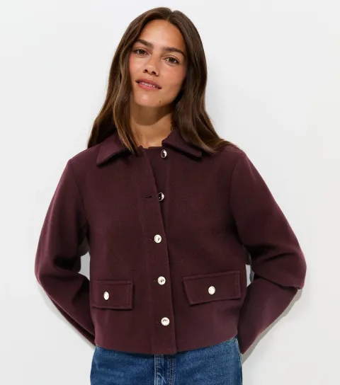 Women's Petite Dark Burgundy Henley Button Shacket