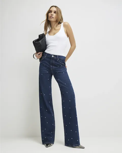 River Island Relaxed Straight Eyelet Jeans