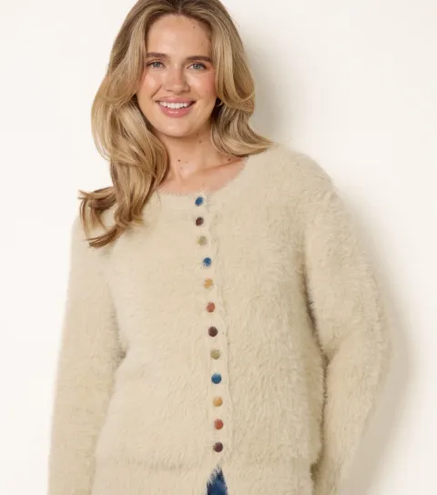 Blue Vanilla Women's Oatmeal Fluffy Knit Contrast Button Cardigan