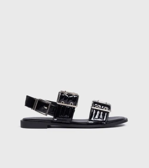 Women's Black Faux Patent Leather Buckled Sandals