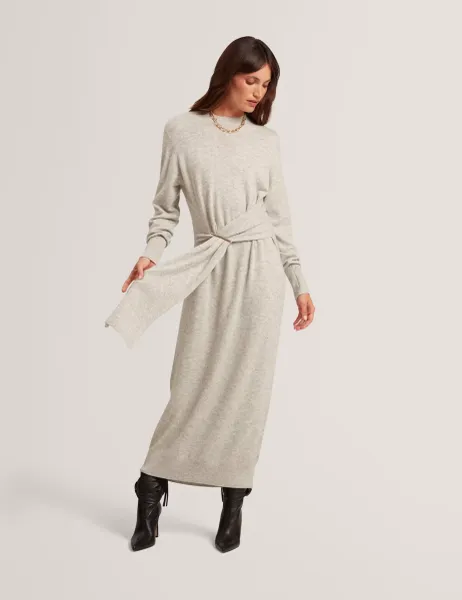 Ted Baker Wool Blend Drape Detail Midi Jumper Dress Light Grey