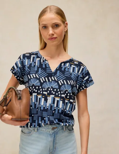 White Stuff Pure Cotton Printed Notch Neck T-Shirt Blue Mix