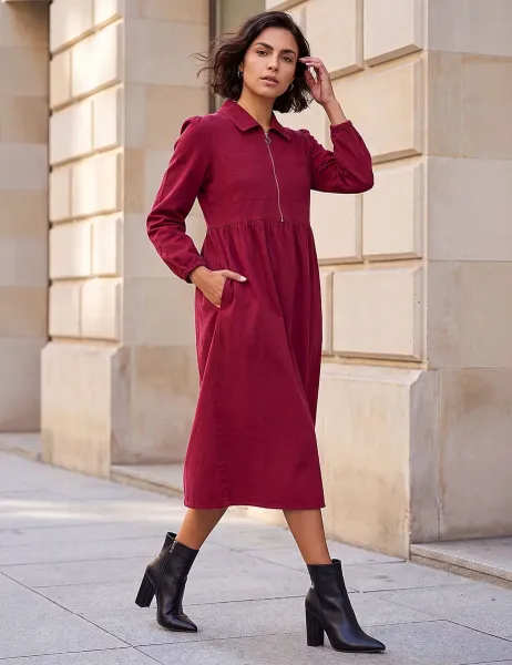 Roman Pure Cotton Collared Zip Up Midi Dress Burgundy Mix