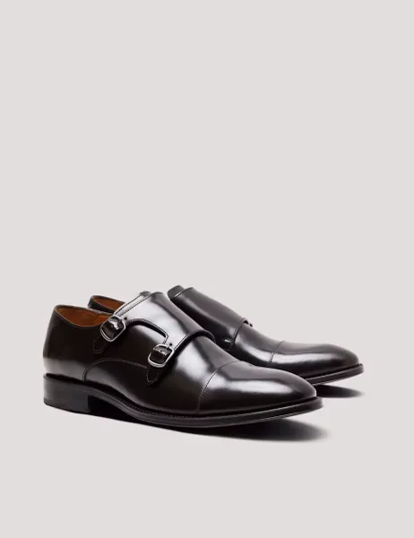 Leather Double Monk Strap Shoes Black