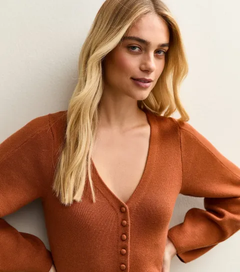 Women's Tan Compact Knit V-Neck Cardigan