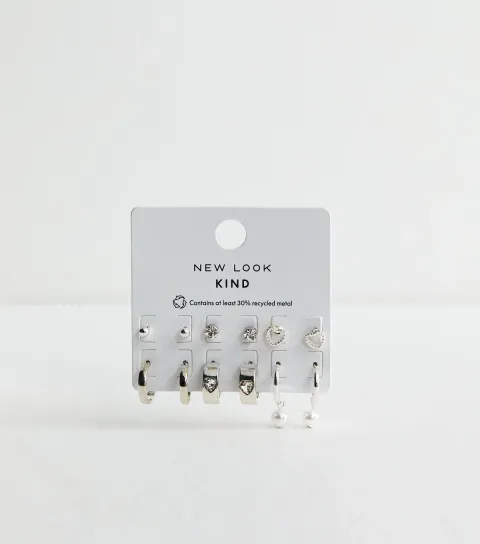New Look Pack of 6 Silver Tone Hoop and Diamante Stud Earrings