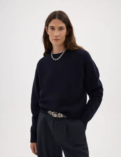 HUSH Crew Neck Long Sleeve Jumper With Wool Dark Navy