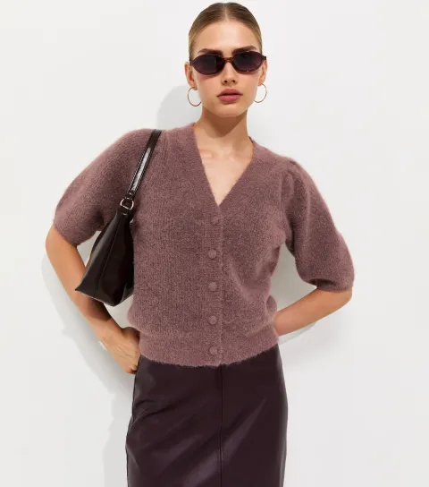 Women's Dark Pink Ribbed Knit Puff Sleeve Cardigan