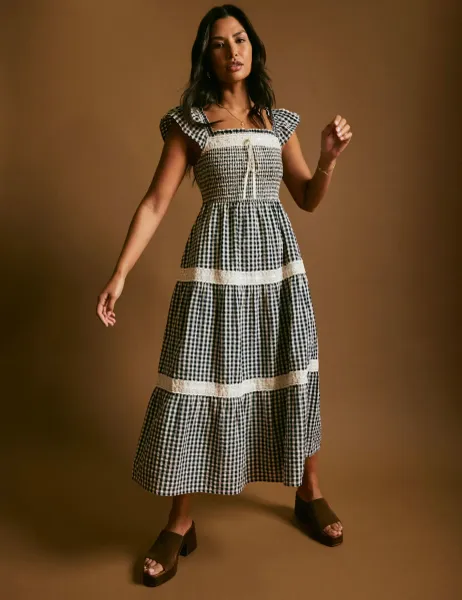 Nobody's Child Pure Cotton Checked Square Neck Smock Dress Blue