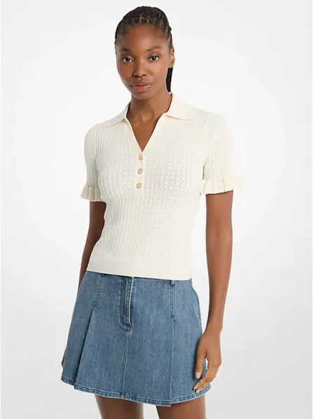 Knit Ruffle-Sleeve Polo Top