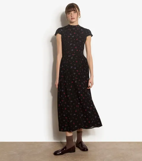 Apricot Women's Black Ditsy Print Shirred Side Panel Midi Dress