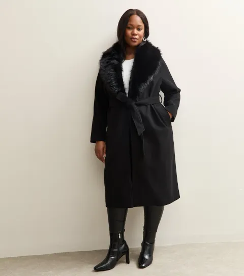 Women's Plus Size Black Faux Fur Collar Belted Jacket Curves