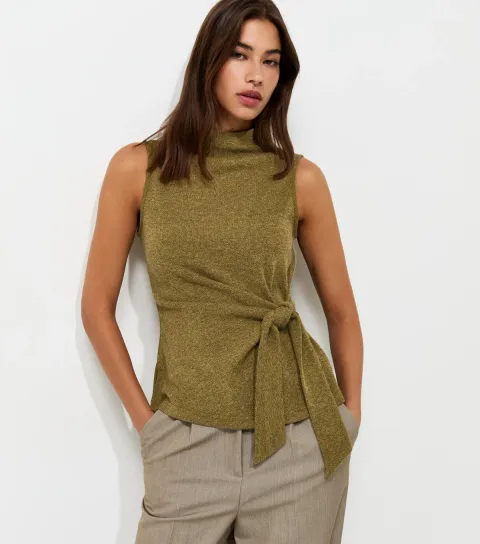 Women's Light Khaki Knotted High Neck Sleeveless Top