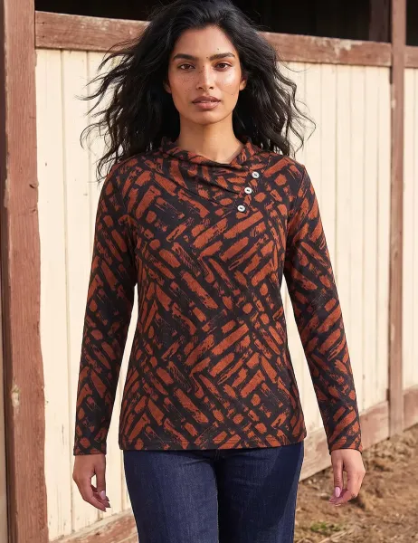 Roman Abstract Print Wrap Neck Button Detail Tunic Orange Mix
