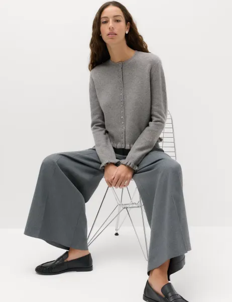Marks & Spencer Ruffle Crew Neck Cardigan Mid Grey Marl