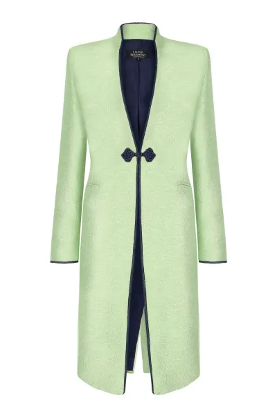 Chartreuse/Navy Dress Coat in Summer Brocade with Cord Trim and Frogging - Vicky