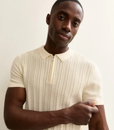Men's Cream Rib Knit Quarter Zip Polo Shirt