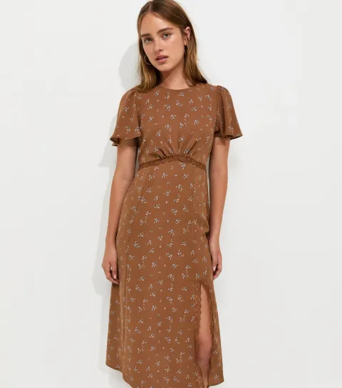 Women's Brown Floral Print Lace Trim Flared Sleeve Midi Dress