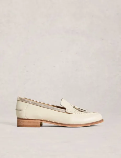 White Stuff Leather Tassel Metallic Loafers White Mix