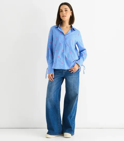 Women's Blue Striped Bow Embroidered Shirt