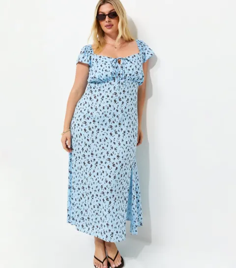 Women's Plus Size Blue Ditsy Print Square Neck Midi Dress Curves