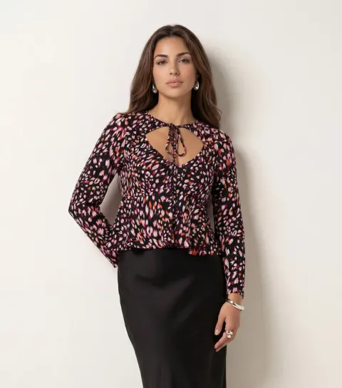 Women's Black Abstract Print Cut Out Tie Neck Top