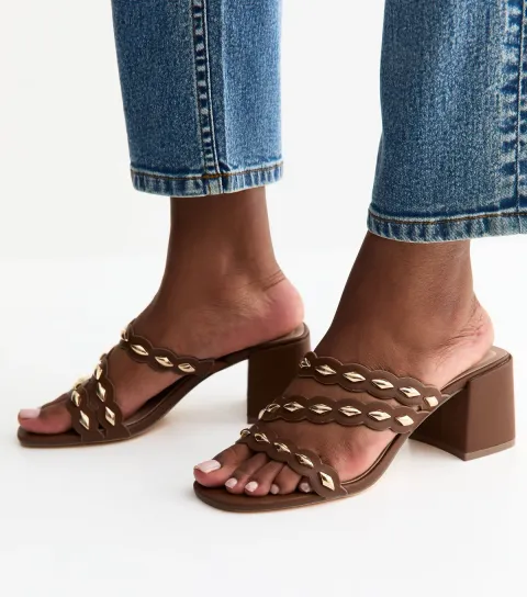 Women's Tan Scalloped Strap Block Heel Mules Vegan