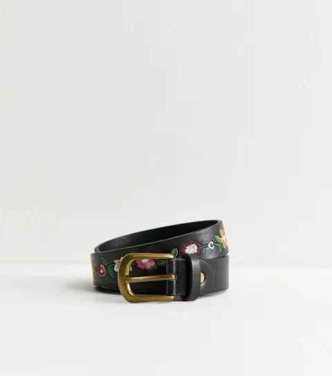 Black Faux Leather Embroidered Flower Belt