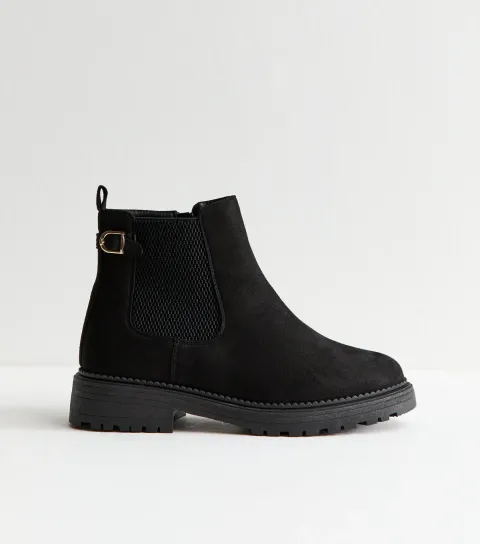 Women's Wide Fit Black Faux Suede Chunky Chelsea Boots Vegan