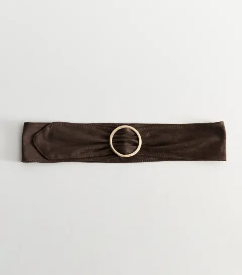 New Look Dark Brown Faux Suede Wide Circle Buckle Belt